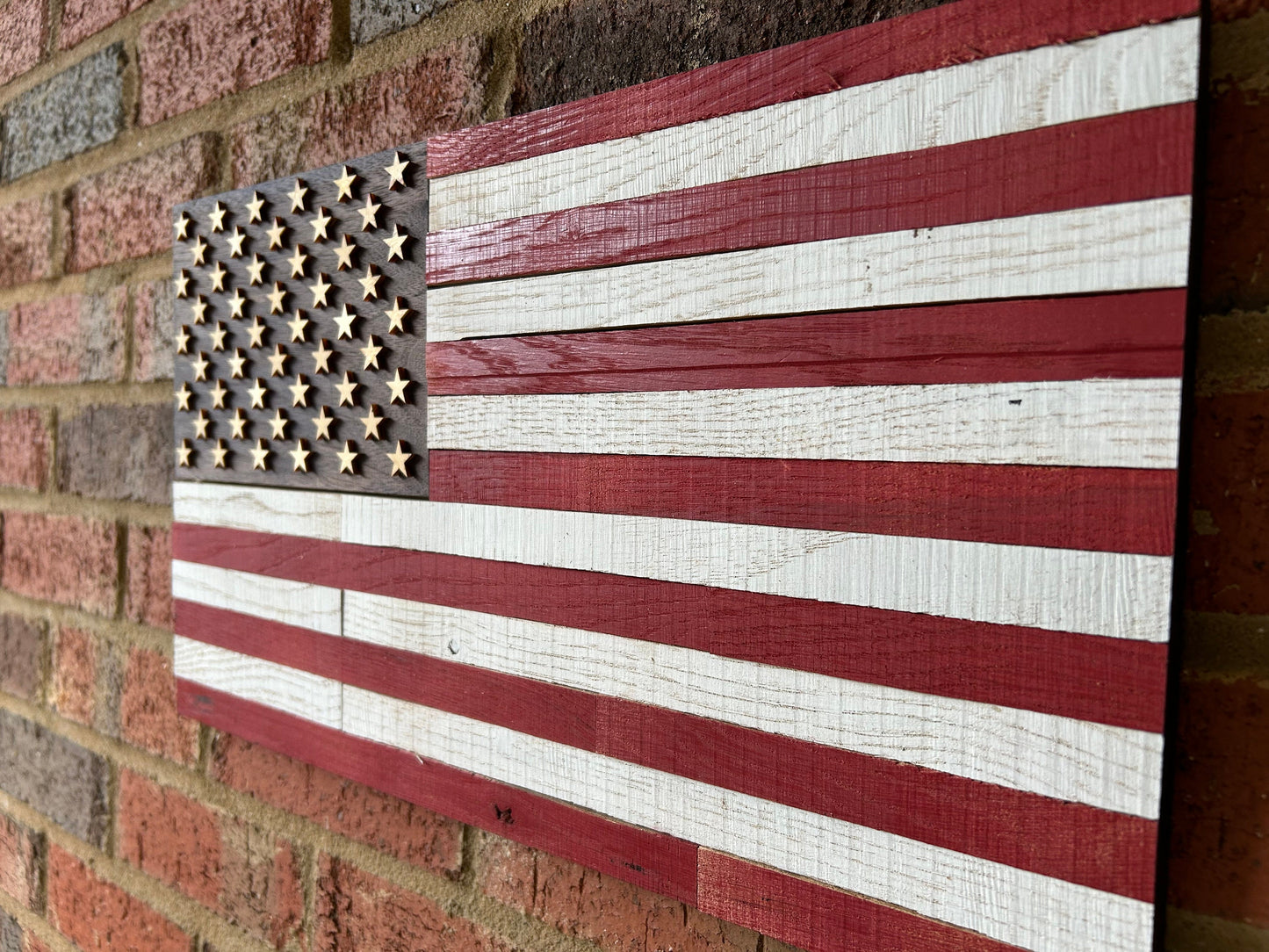 US flag made from reclaimed walnut flooring