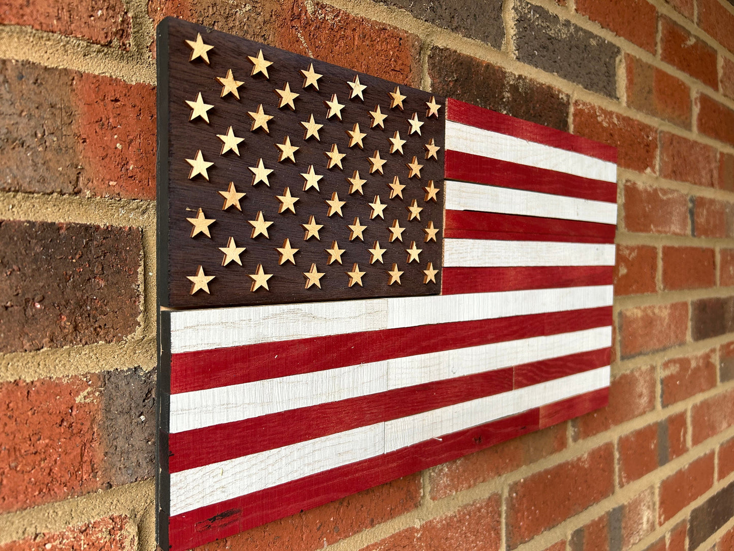 US flag made from reclaimed walnut flooring