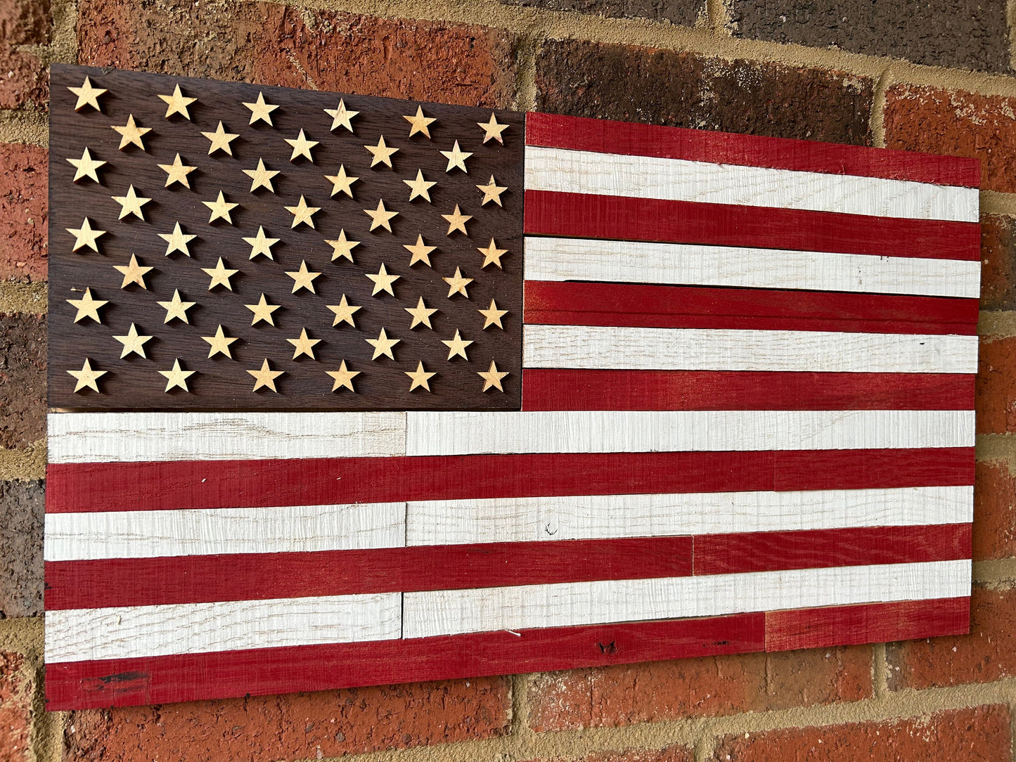 US flag made from reclaimed walnut flooring